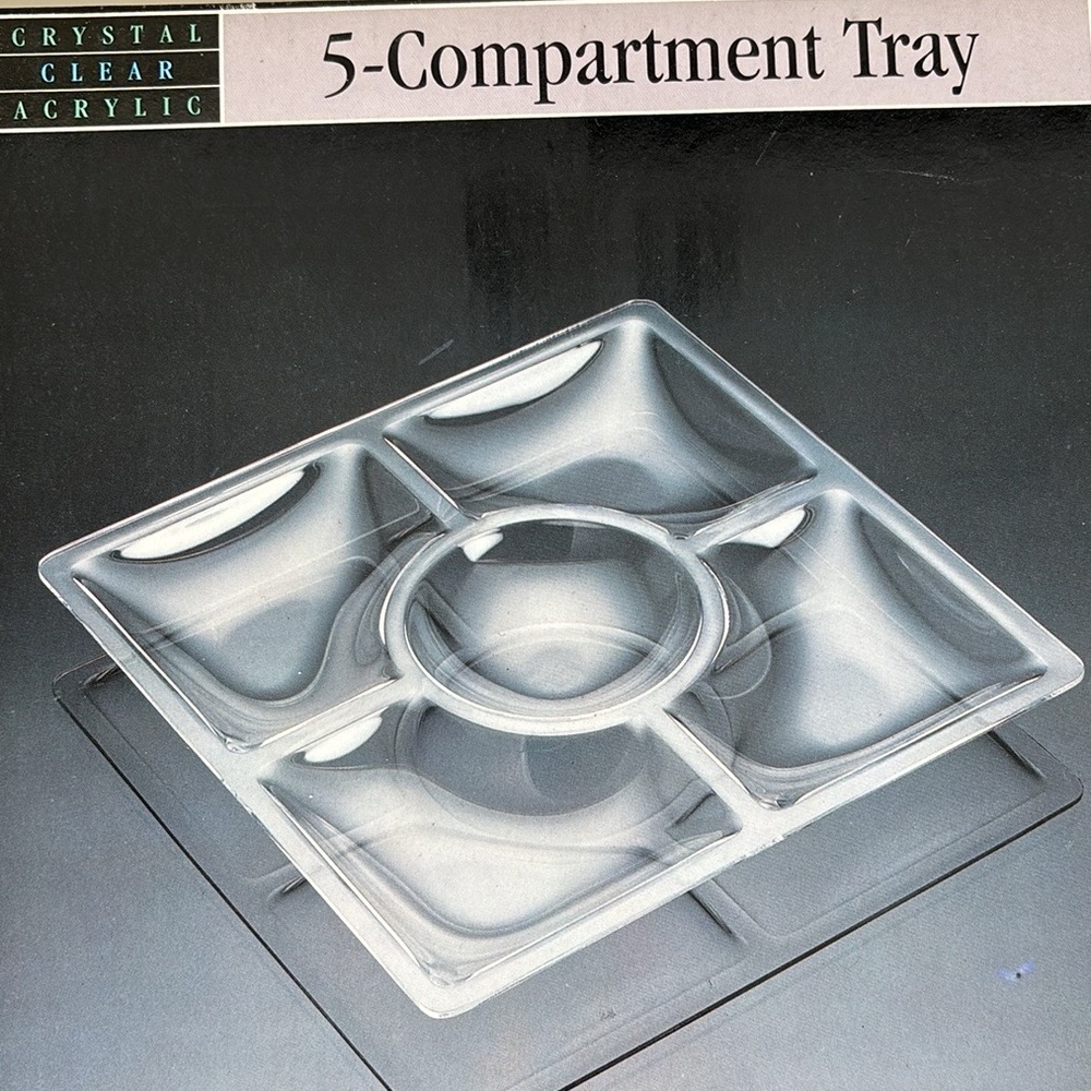 US Acrylic 5 Compartment Section Square Serving Tray Chips Dip Veggies Toppings